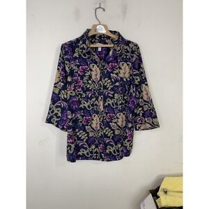 Croft & Barrow Womens Shirt 2X Floral Paisley Button up Purple Fairy 3/4 Sleeve